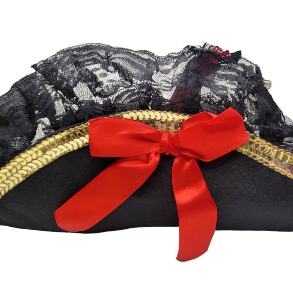 Pirate Hat with Sequin and Lace Trim Feather and Red Bow Details - Picture 6 of 9